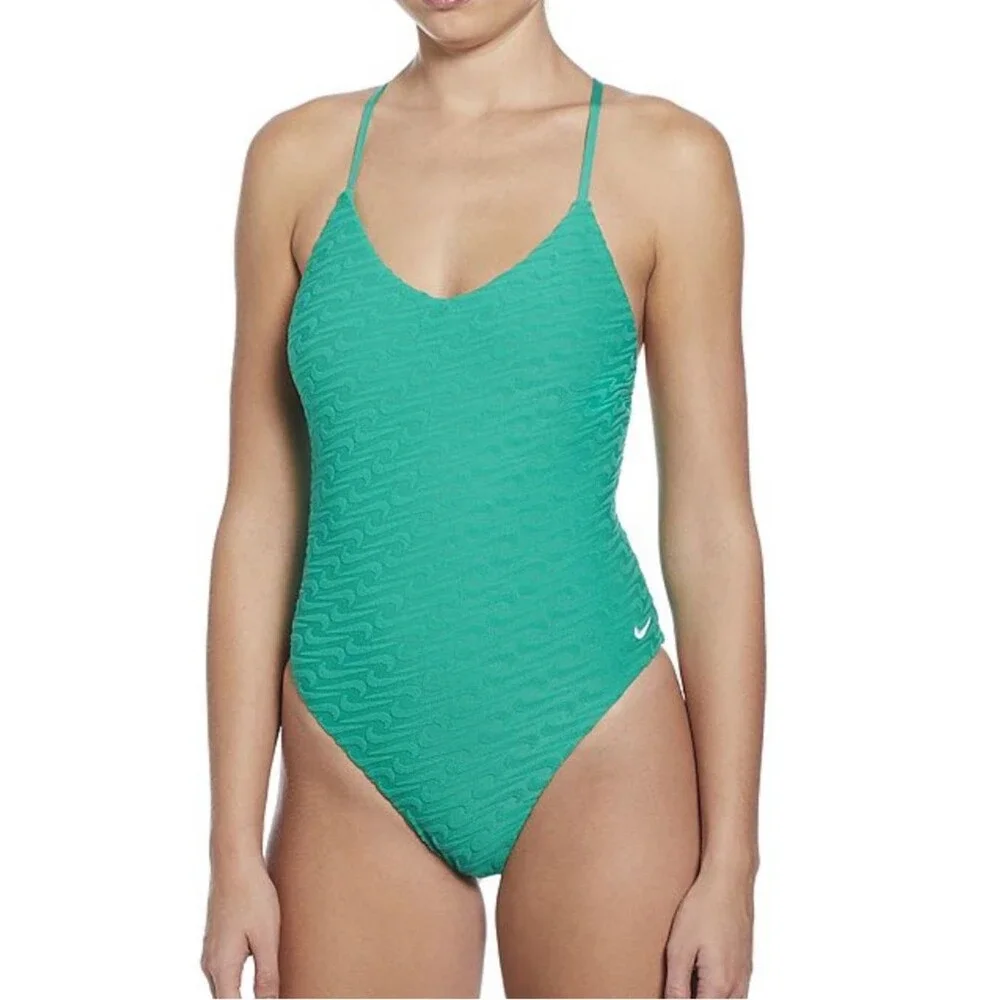 NIKE Swoosh Textured One Piece Swimsuit V Neck Y Back NEW Green Terry XL